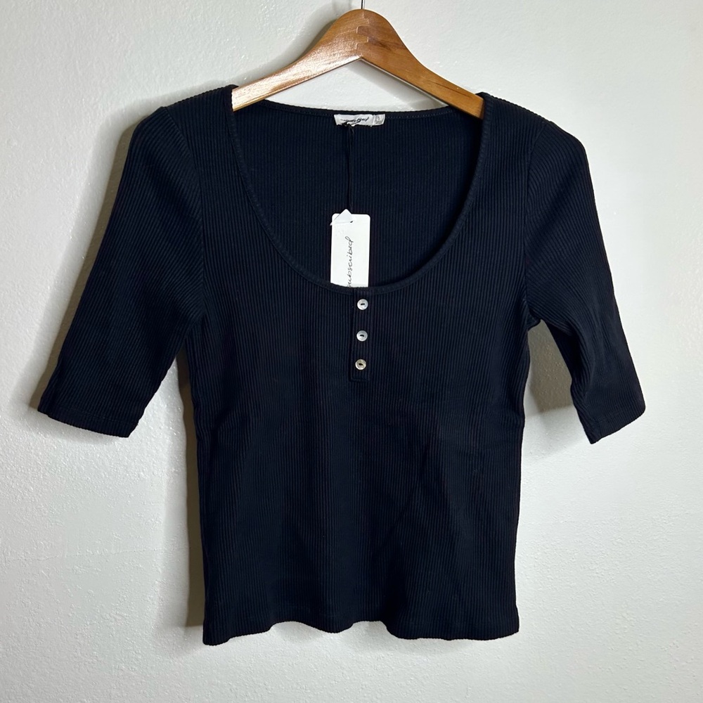 NWT Black Ribbed Cotton Stretch Henley Short Sleeve Top Unsubscribed Size Small